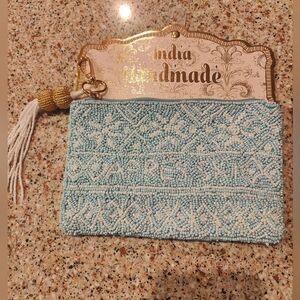 India Handmade Small Bag, 7.75"WX5"H, Light Blue/White/Gold